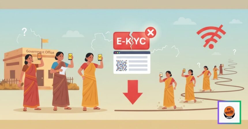 लाडकी बहीण योजनेच्या ई-केवायसीमुळे ग्रामीण महिलांना त्रास; वेबसाइट डाऊन असल्याने पायपीट